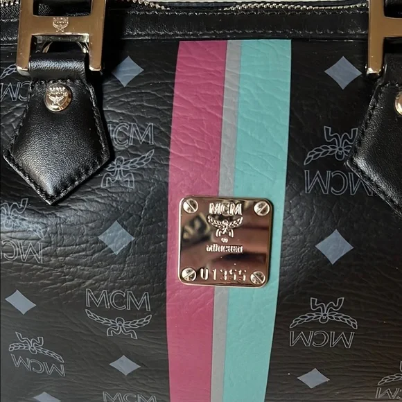 MCM Black Leather w/ Multicolor Racing Stripe & Silver Hardware EUC - Picture 2 of 9